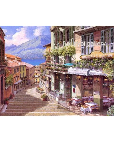 ציור שמן רחוב צבעוני ופרח ומסעדות בונציה